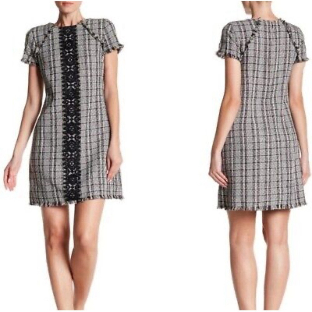 ELIZA J. TWEED DRESS Lace Accent Size 4 Black White Checked Women's Fringe Hem - Picture 2 of 10